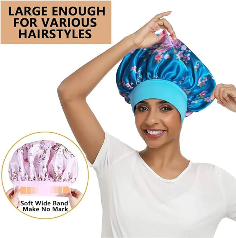 4PCS/LOT Satin Wide Brim Floral Nightcap Bonnet Hair Wrap Night Sleeping Sleep Cap Elastic Soft Band Hair Care Shower Hat